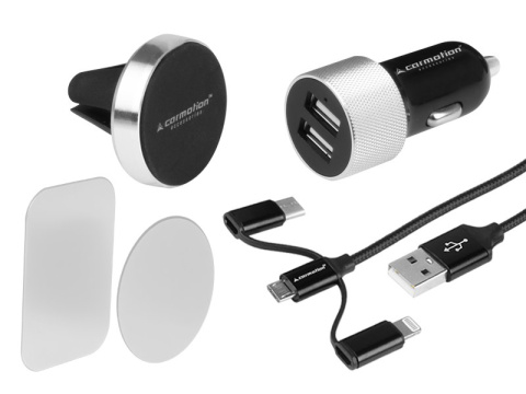 Zestaw podróżny: ładowarka 2x USB 3.1A + kabel 3w1: micro USB / Lightning / USB-C + uchwyt magnetyczny na wlot powietrza. Zestaw podróżny: ładowarka 2x USB 3.1A + kabel 3w1: micro USB / Lightning / USB-C + uchwyt magnetyczny na wlot powietrza.