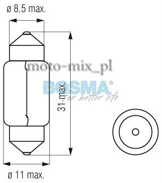 Żarówka rurkowa, paluszek SV8.5 5W 12V 11x30 mm Żarówka rurkowa, paluszek SV8.5 5W 12V 11x30 mm
